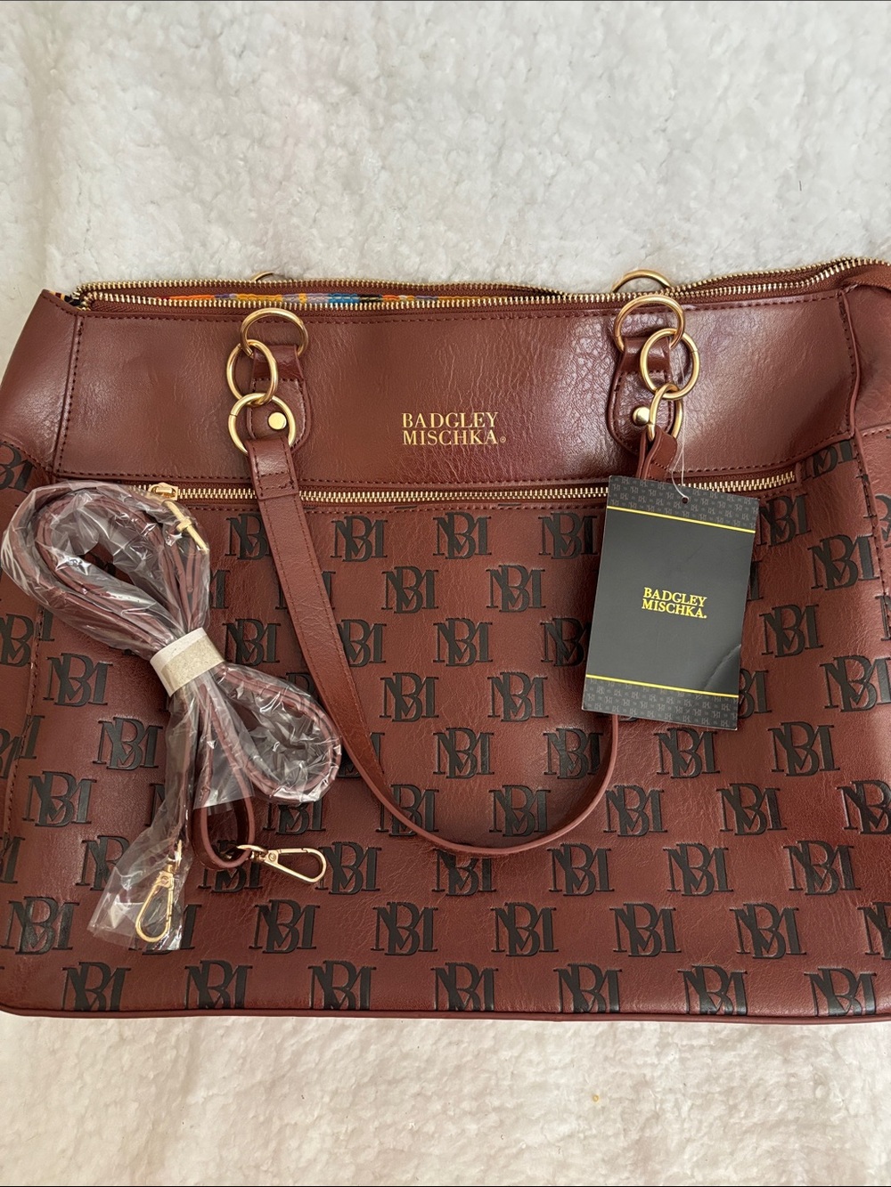 Badgley Mischka Chestnut Brown Logo Weekender/Travel Tote Bag with Gold Hardware - Picture 6 of 12